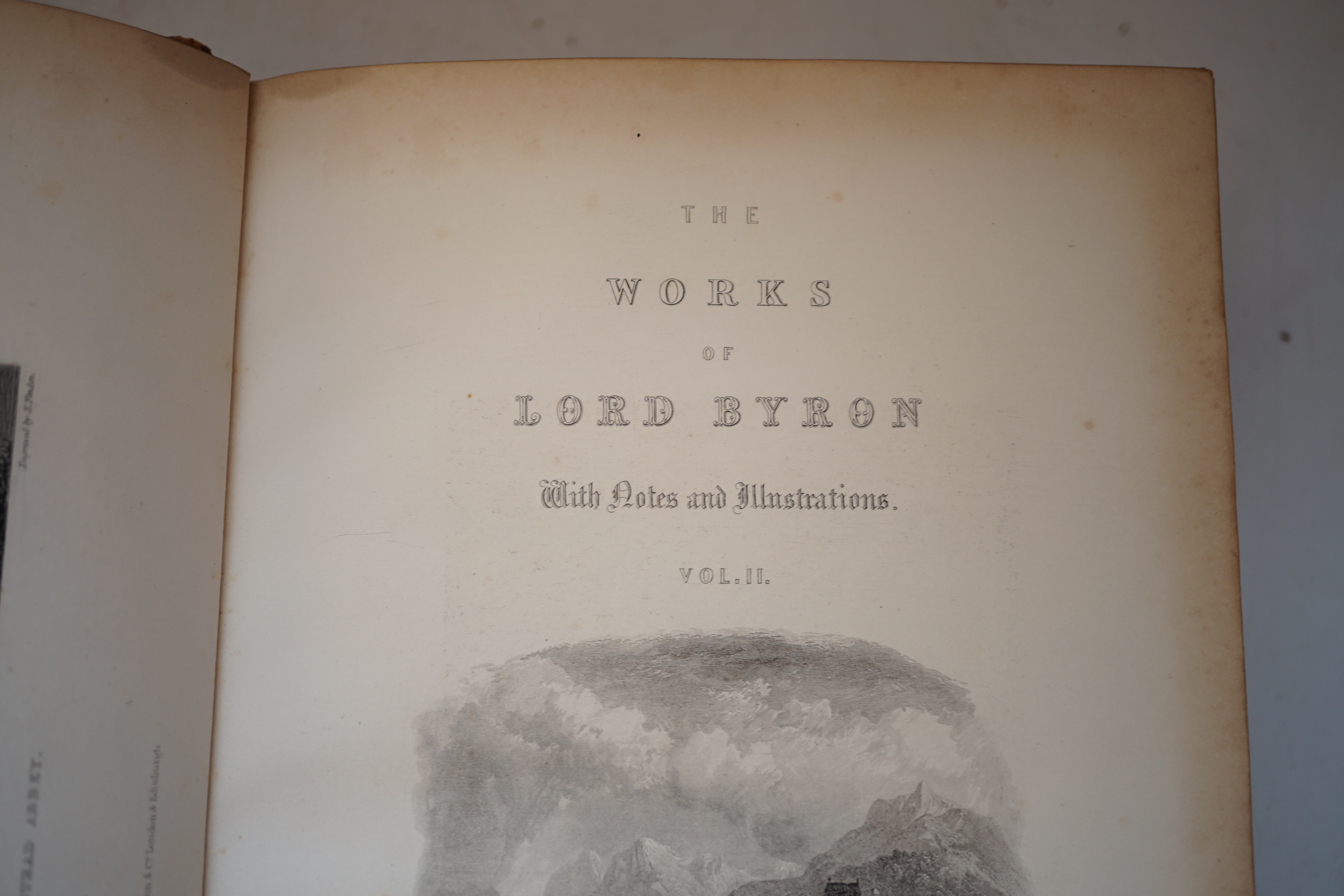 Byron, George Gordon Noel, Lord - The Works of Lord Byron: with a Life and Illustrative Notes, by William Anderson, 2 vols, 8vo, with portrait frontispiece and 58 engravings, half red morocco, A. Fullerton, Edinburgh, c.